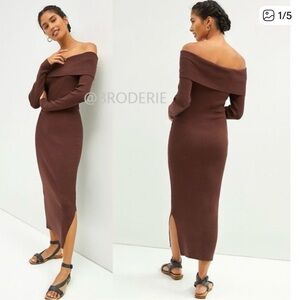 Anthropologie Off-Shoulder Brown Midi Dress